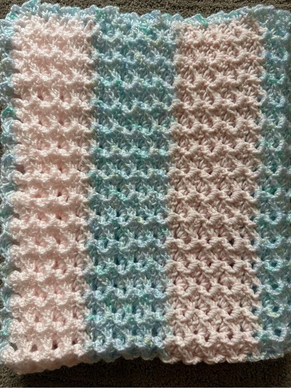 Crocheted Wave Newborn Blanket Pink snd Blue Stripe